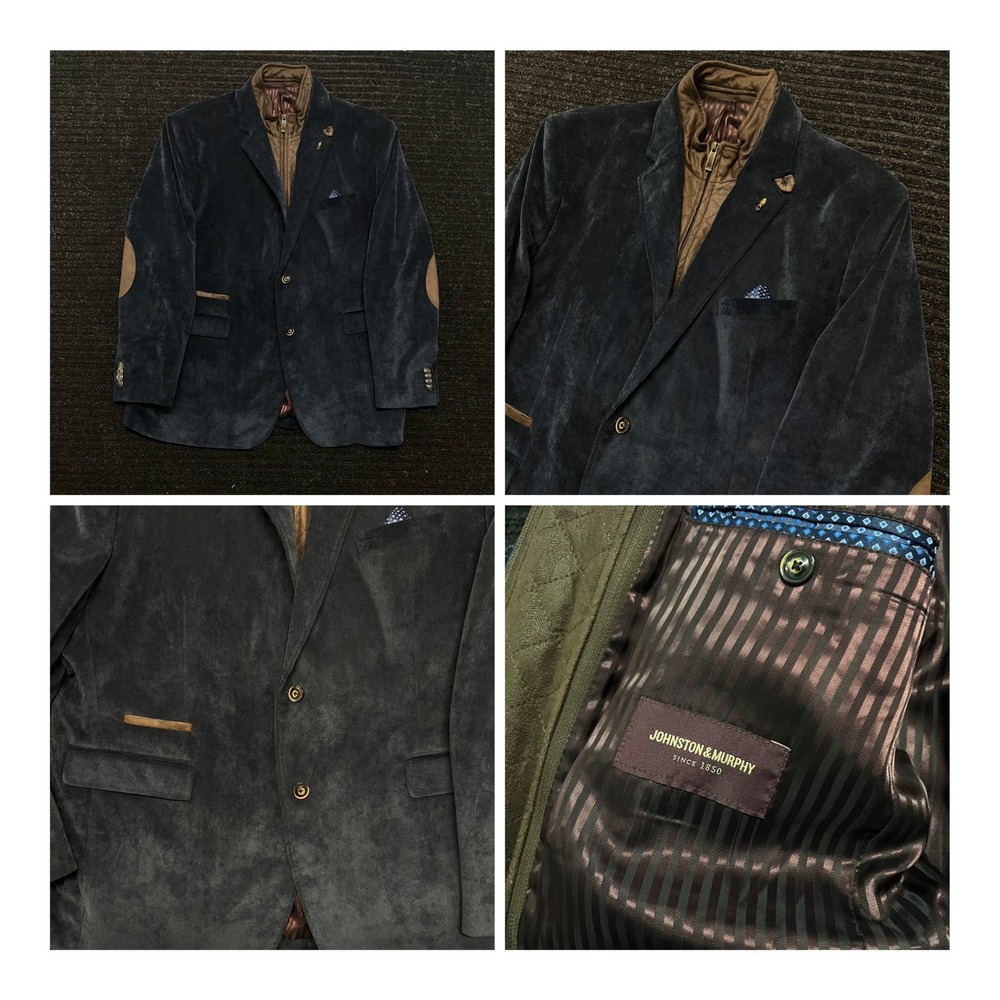 Johnston & Murphy Mens Navy Corduroy Blazer Quilted Bib Elbow Patch Jacket